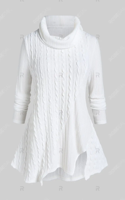 Plus Size Cowl Neck Cable Knit Asymmetric Sweater and Ripped Skinny Jeans Outfit