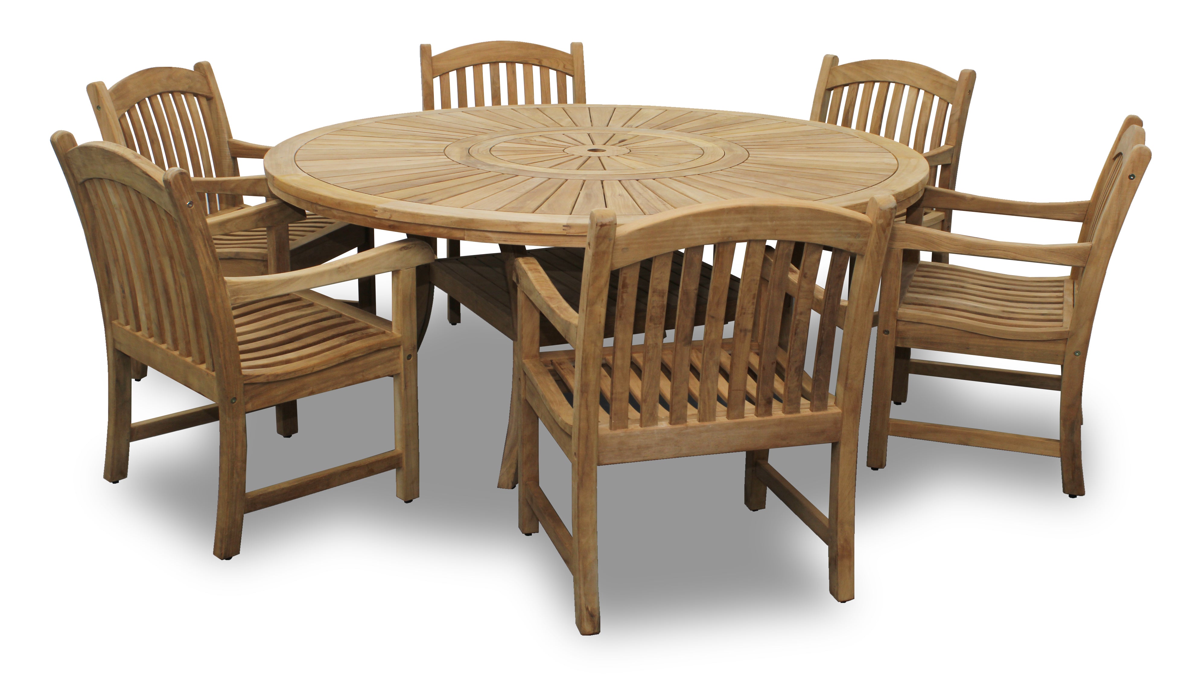 Komodo Teak 7pc Outdoor Dining Set (Teak 70 Round Table w Built-in Lazy Susan with 6 Teak Tista Armchairs +FREE Cushions)