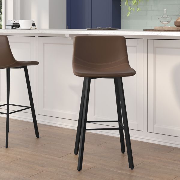 Caleb Modern Armless 30 Inch Bar Height Commercial Grade Barstools with Footrests in Chocolate Brown LeatherSoft and Black Matte Iron Frames， Set of 2