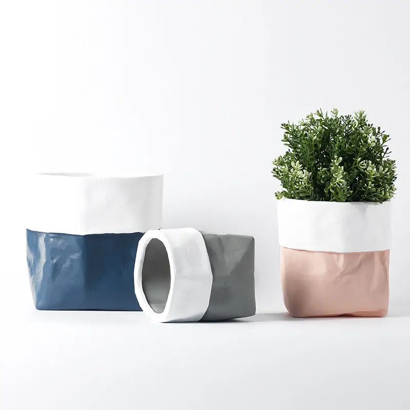 New Arrival Art Pots For Flowers Simulation Kraft Paper Bag Design With Drainage Ceramic Planter For Garden Supplies