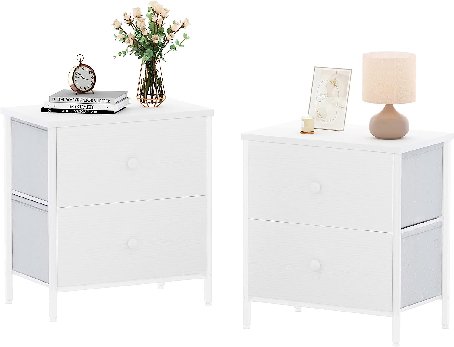 White Nightstands Set of 2 - Nightstand and Dresser Sets Night Stand Dresser for Bedroom End Table with Fabric Drawers Organizer Modern Bedside Tables for Living Room, Dorm