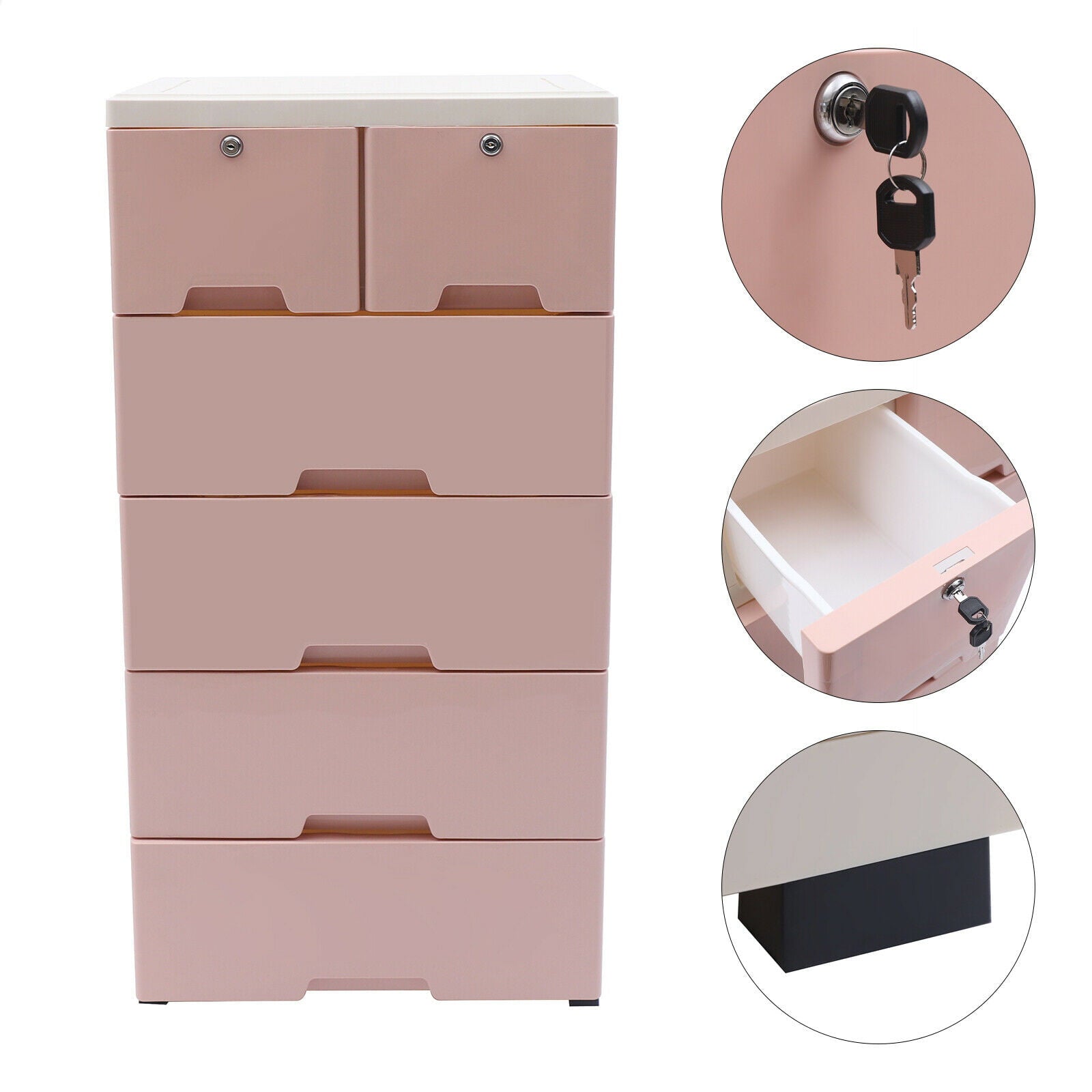 OUKANING Plastic Chest of Drawers 6 Drawer Dresser Bedroom Nightstand Storage Cabinet Pink Store clothes for Bedroom Living Room