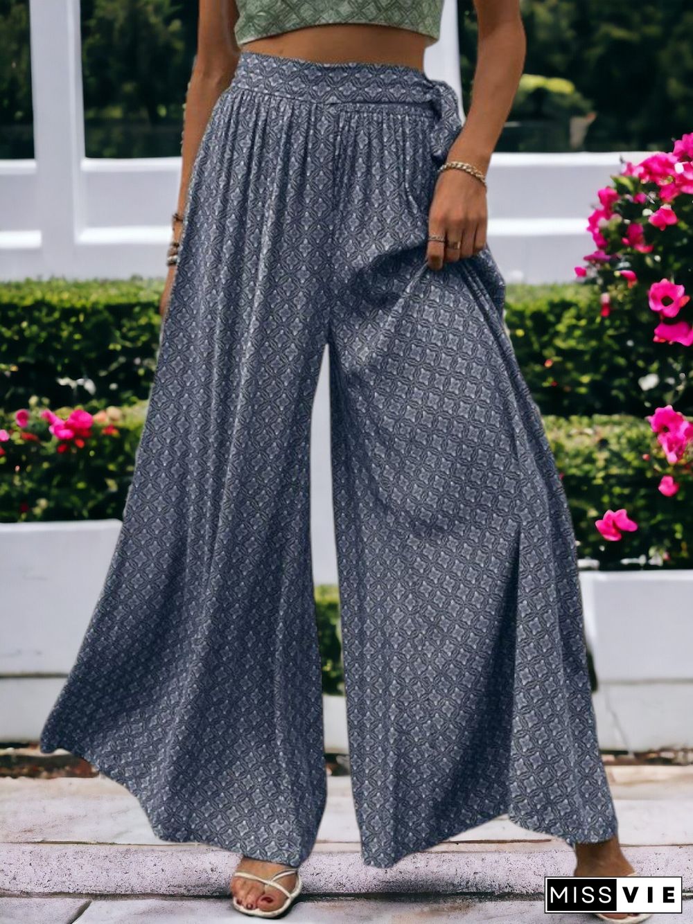 Printed High Waisted Wide Leg Breathable Loose Waist Wrap Pants