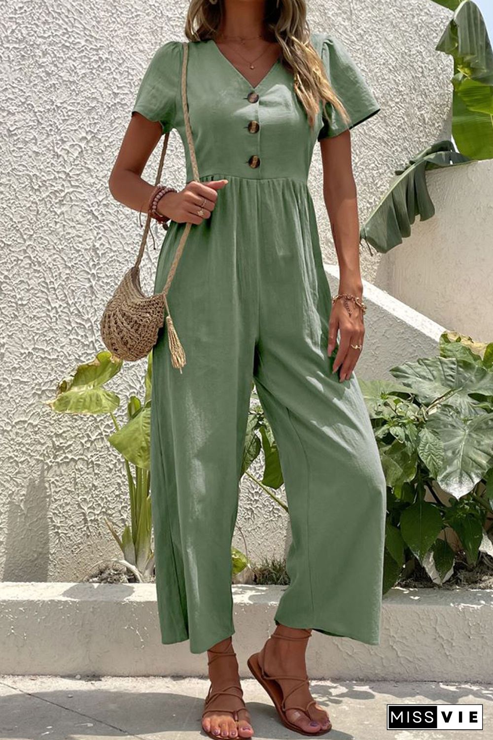 Plain V Neck Button Jumpsuit Wholesale