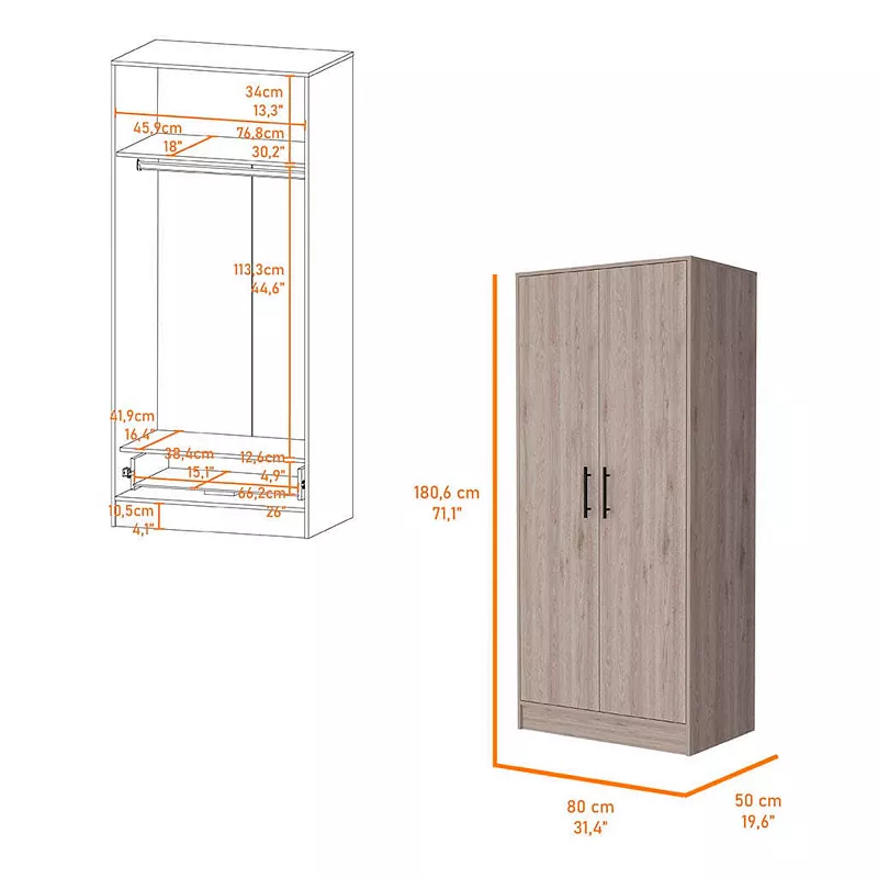 Rio Double Door Armoire， One Cabinet，  Hidden Drawer