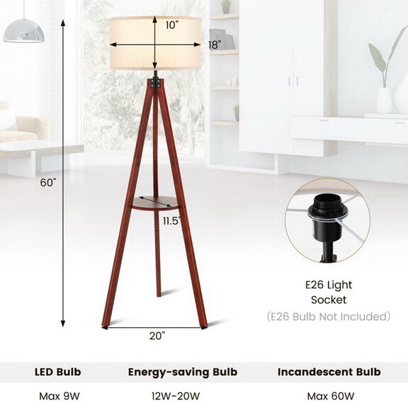 Costway 72548931 Tripod Floor Lamp Wood Standing L...