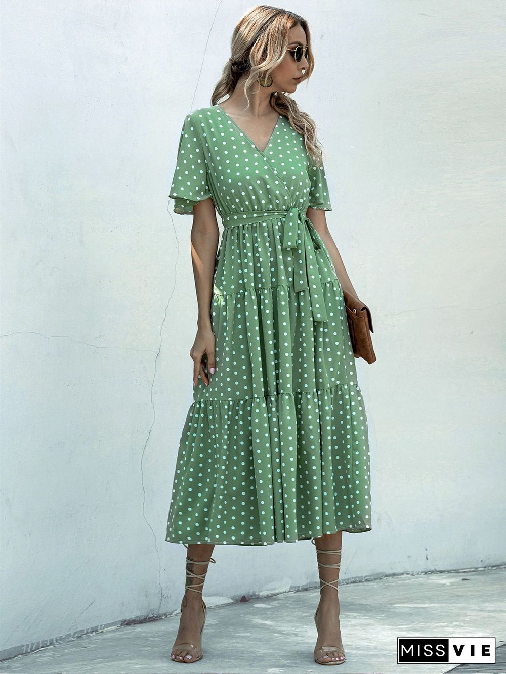 Summer Elegant V-neck Cross Belt Sexy Beach Long Dress Women Print Flowers Polka-dot Strap Ladies Boho Dress Women Vestidos