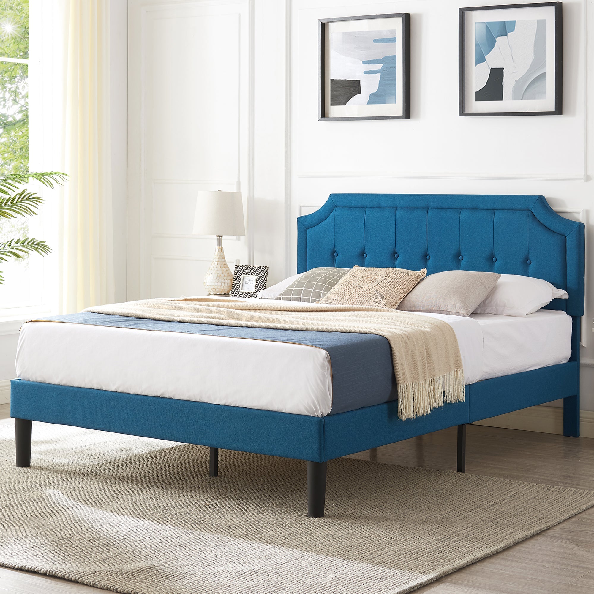 VECELO Upholstered Platform Bed with Height Adjustable Tufted Button Headboard/Mattress Foundation, Blue