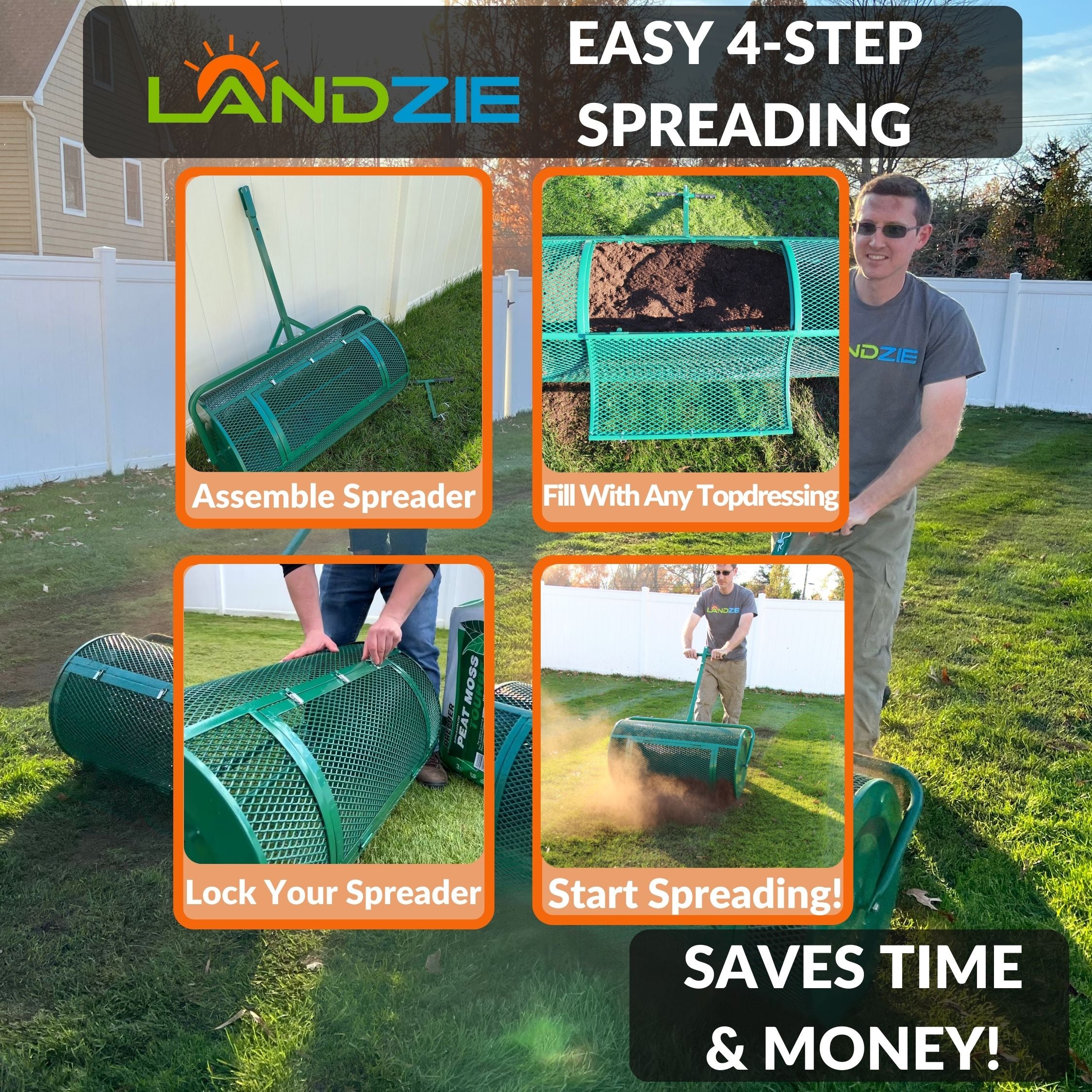 Landzie Lawn & Garden Spreaders - 36 Inch Heavy Duty Metal Mesh Basket Push/Tow Spreader - Compost, Peat Moss, Top Soil, Mulch - Durable Lightweight Multi-Purpose Yard Care Equipment - Manure Spreader