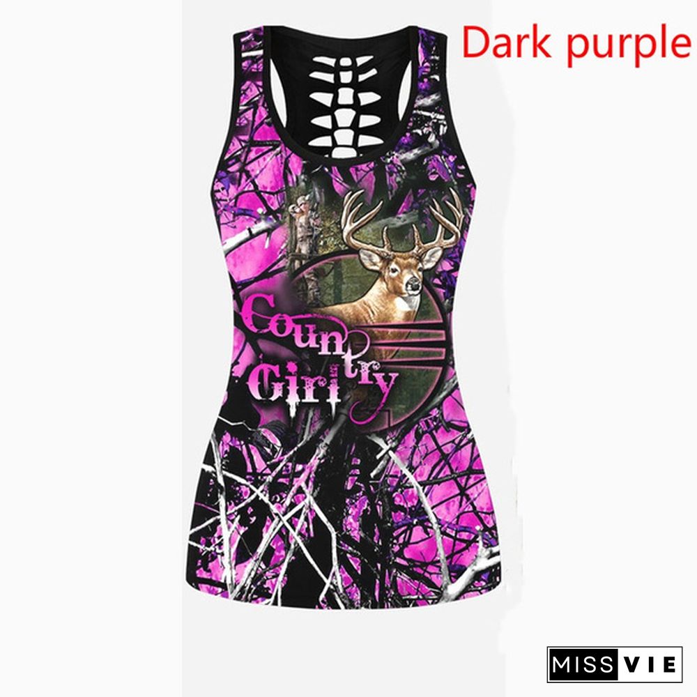 Deer Camouflage Print Cut Out Back Sleeveless Tank Top Sleeveless Shirts