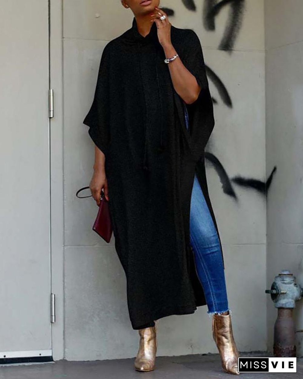 Batwing Sleeve High Slit Casual Dress