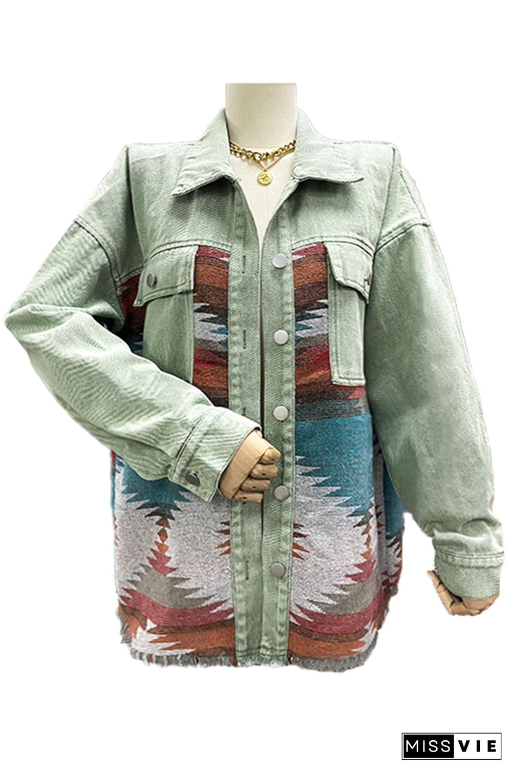 Distressed Aztec Denim Jacket Coat