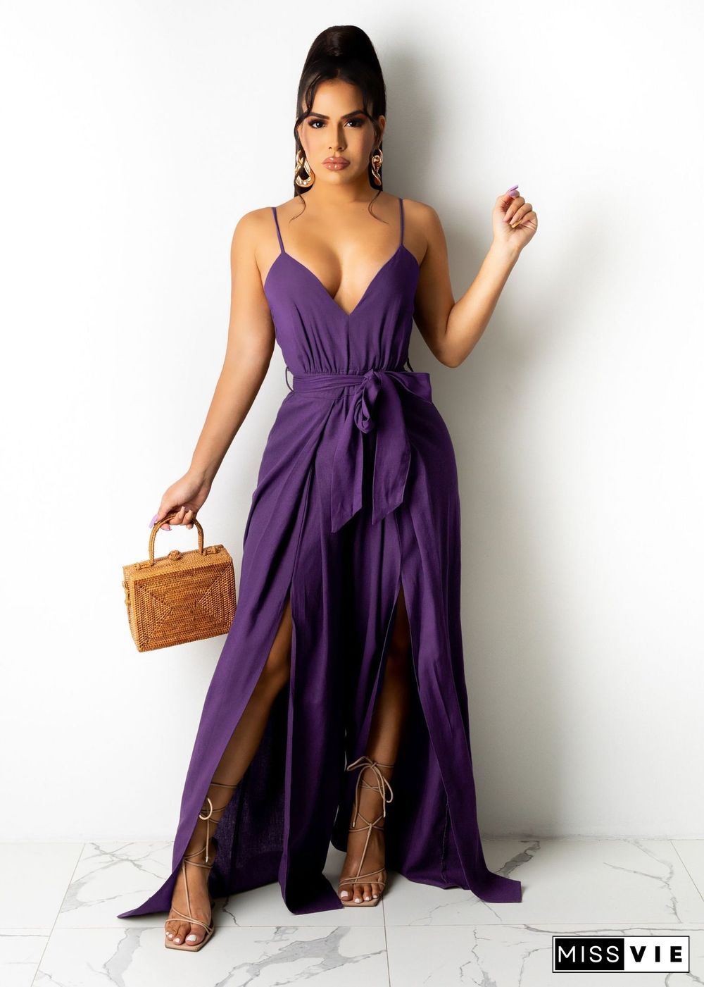 Summer Hot Style Women Elegant Solid Color Deep V Neck Wide Leg Split Spaghetti Strap Bandage Jumpsuit