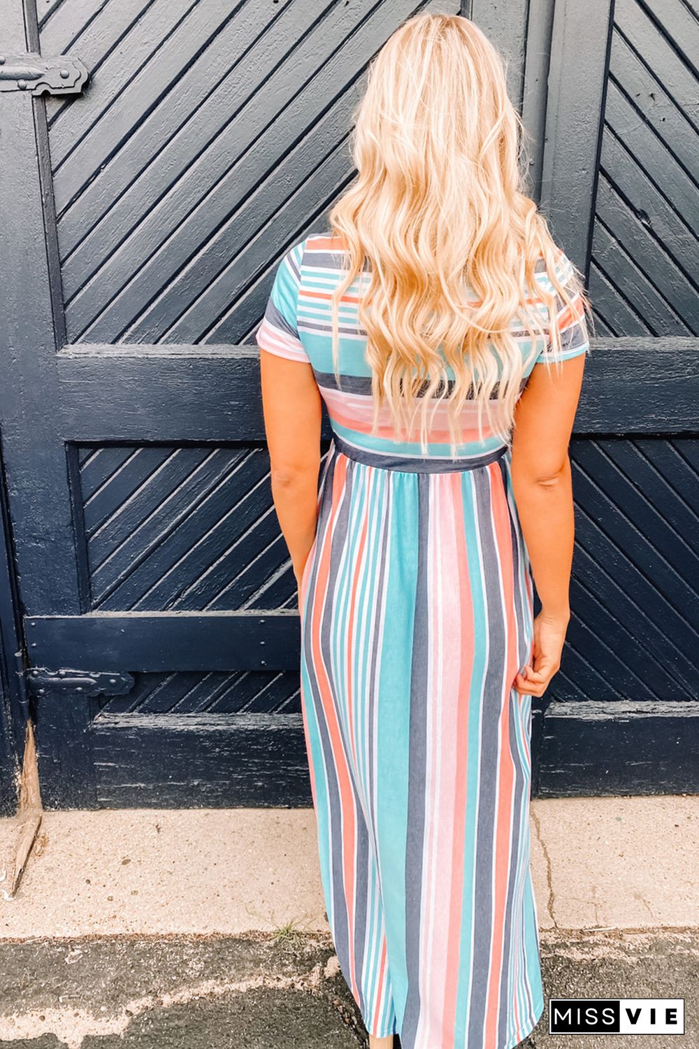 Striped Print Short Sleeve High Waist T Shirt Dress with Pockets