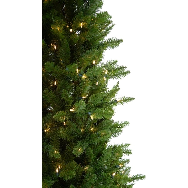 Christmas Time 7.5Ft Prelit Winter Wonderland Slim Green Christmas Tree with EZ Connect Clear Smart Lights and Metal Stand