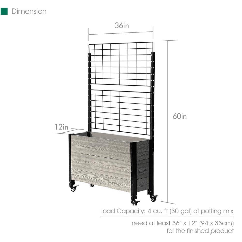 EverBloom 12 in. D x 57 in. H x 36 in. W Grey and Black Composite Mobile Deep Trough Planter Box Raised Garden Bed with Trellis K2121G