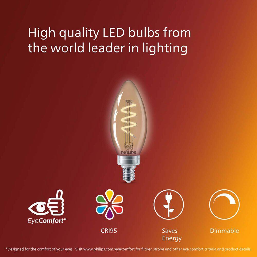 Philips 25-Watt Equivalent B11 Spiral Filament E12 Base LED Vintage Edison LED Light Bulb 2000K Amber (2-Pack) 565804