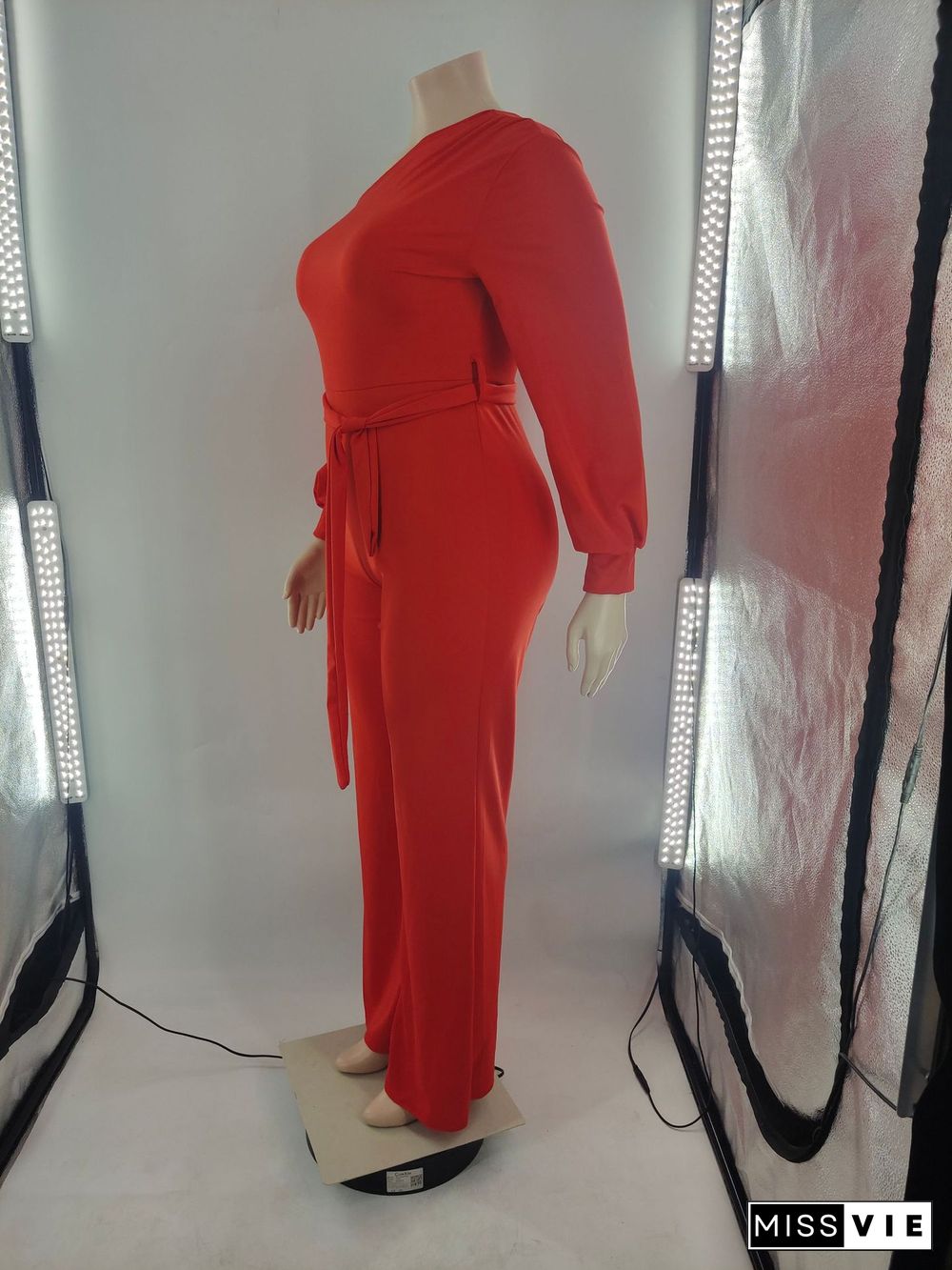 Long Sleeve Lace Up Plus Size Wide Leg Jumpsuits