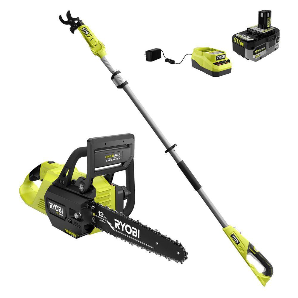 RYOBI ONE HP 18V Brushless Whisper Series 12 in Battery Chainsaw and Pole Lopper w 60 Ah Battery and Charger