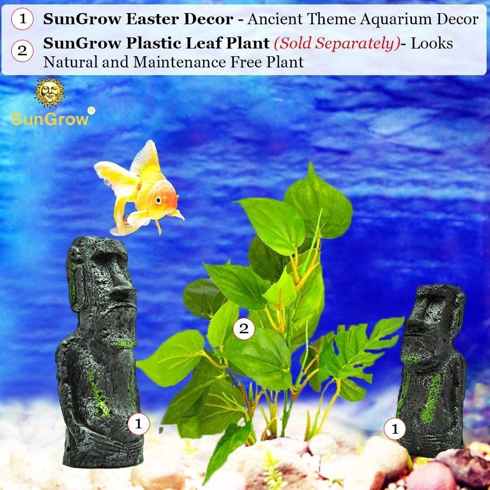 SunGrow Betta Fish Moai Easter Island Head Aquarium Ornament， 2-pack， 7-in and 5-in