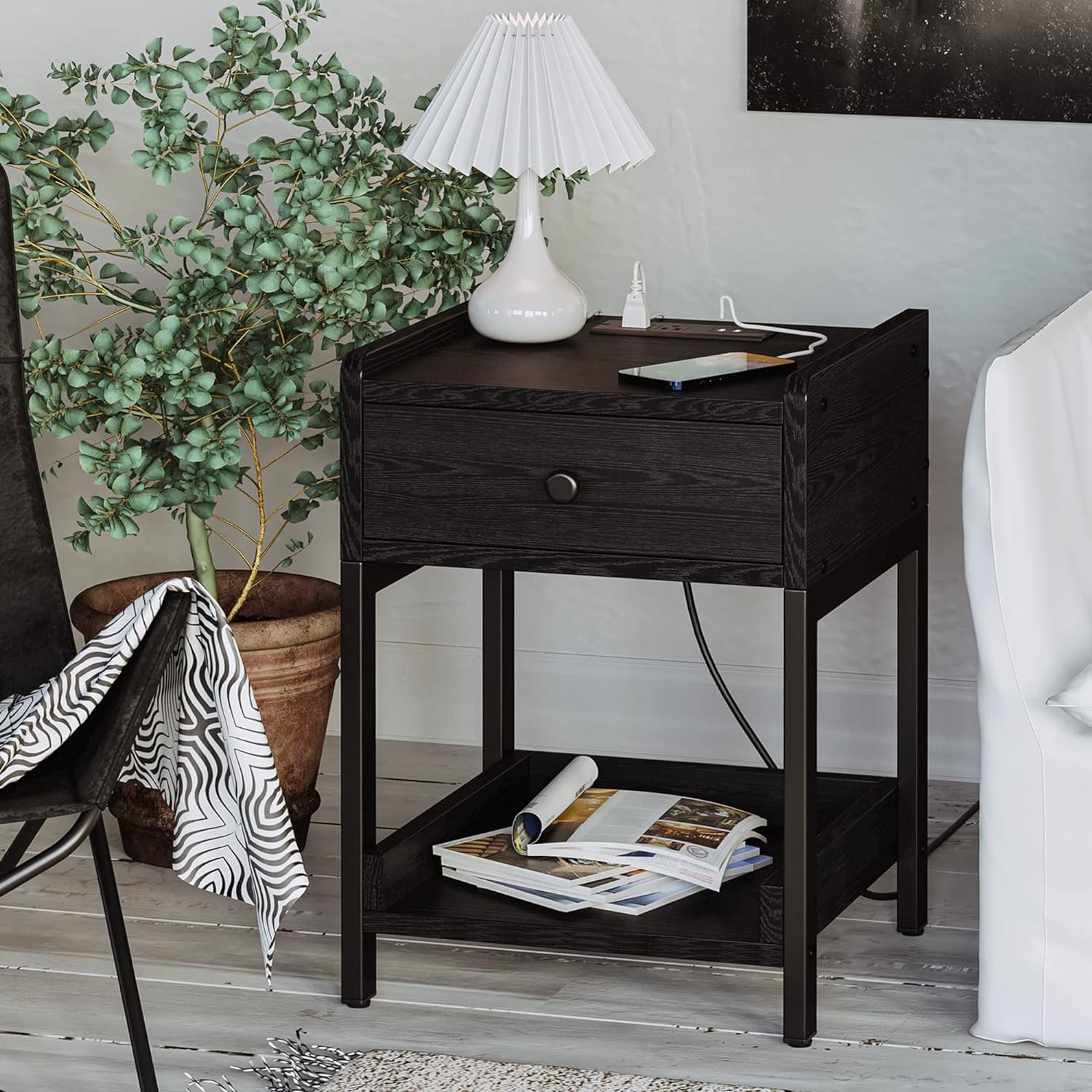 Nightstand Bedside Table with Charging Station, Small End Table with Storage Drawer and Shelf, Vintage Brown