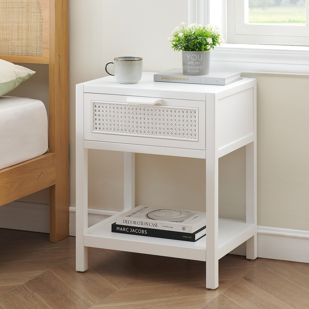 Natural Rattan Nightstand with Storage Drawer