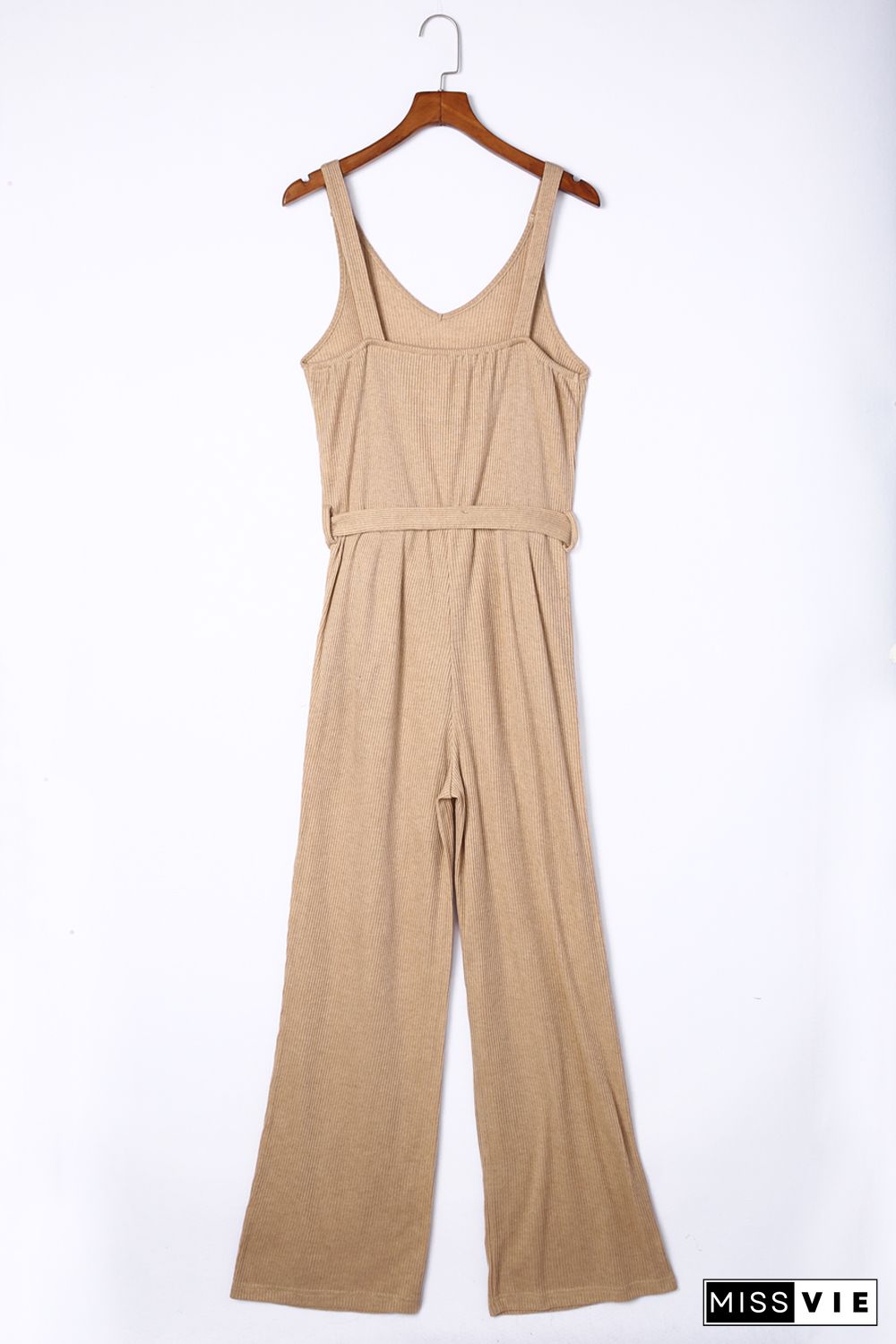 Apricot Casual Sleeveless Buckle Sash Knit Jumpsuit