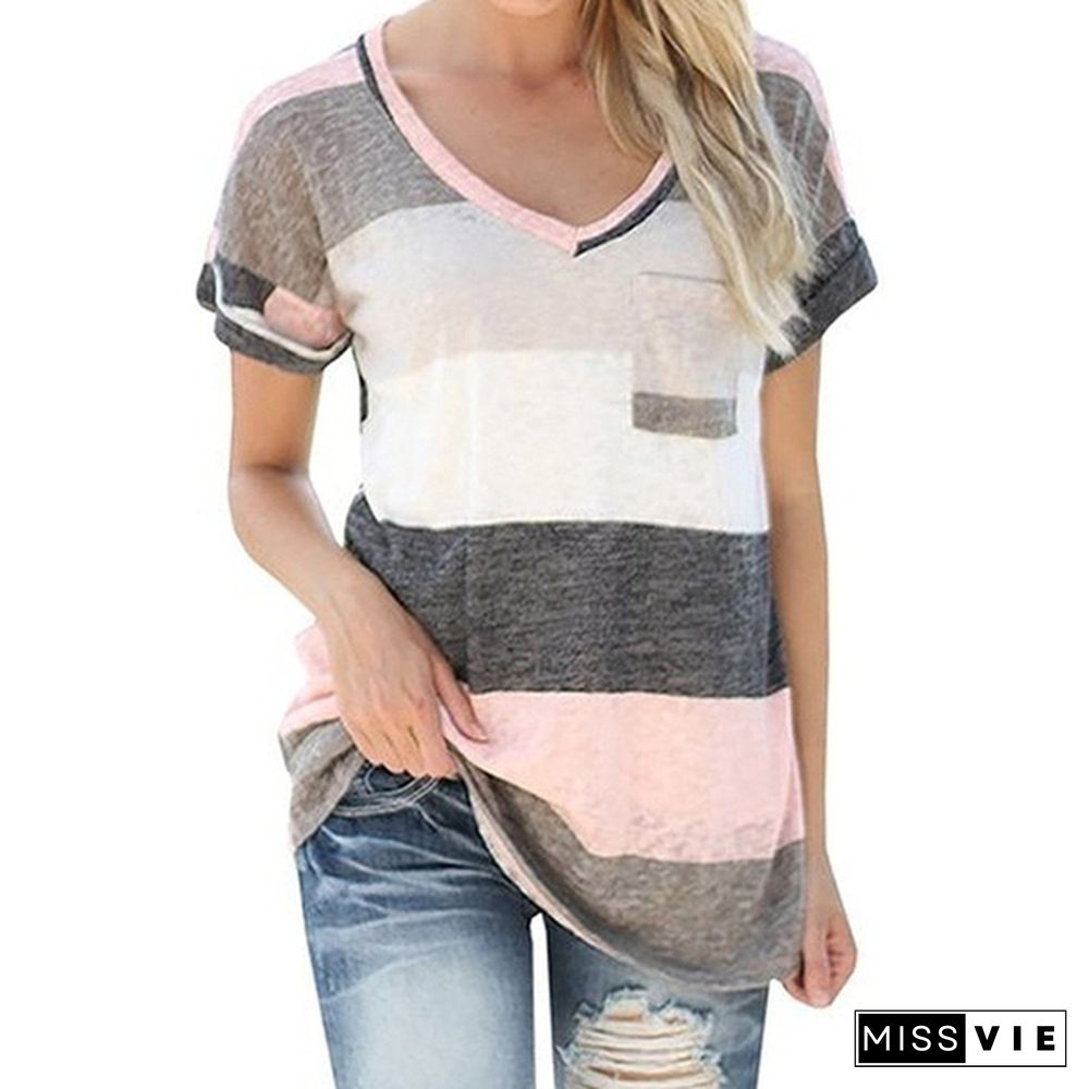 MARYS Women's Fashion Stripes Printed Cotton T-shirt V-neck Irregular Loose Casual Short Sleeve Summer Plus Size Tops WmwC16122400441C45