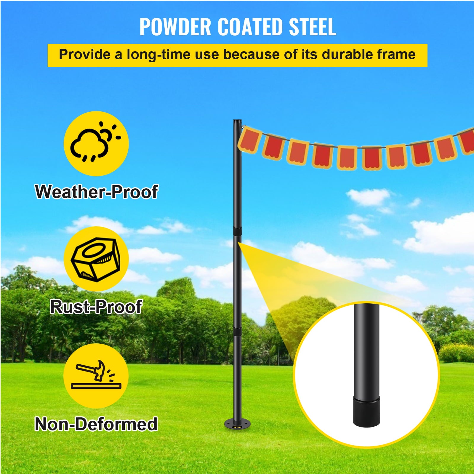 VEVOR String Light Pole, 9.6ft Light String Pole, 1.75in Patio Light Pole, Powder Coated Steel String Light Pole Stand for Outdoor, Metal String Poles with A Clamp Used for Yard, Patio, Wedding, Party