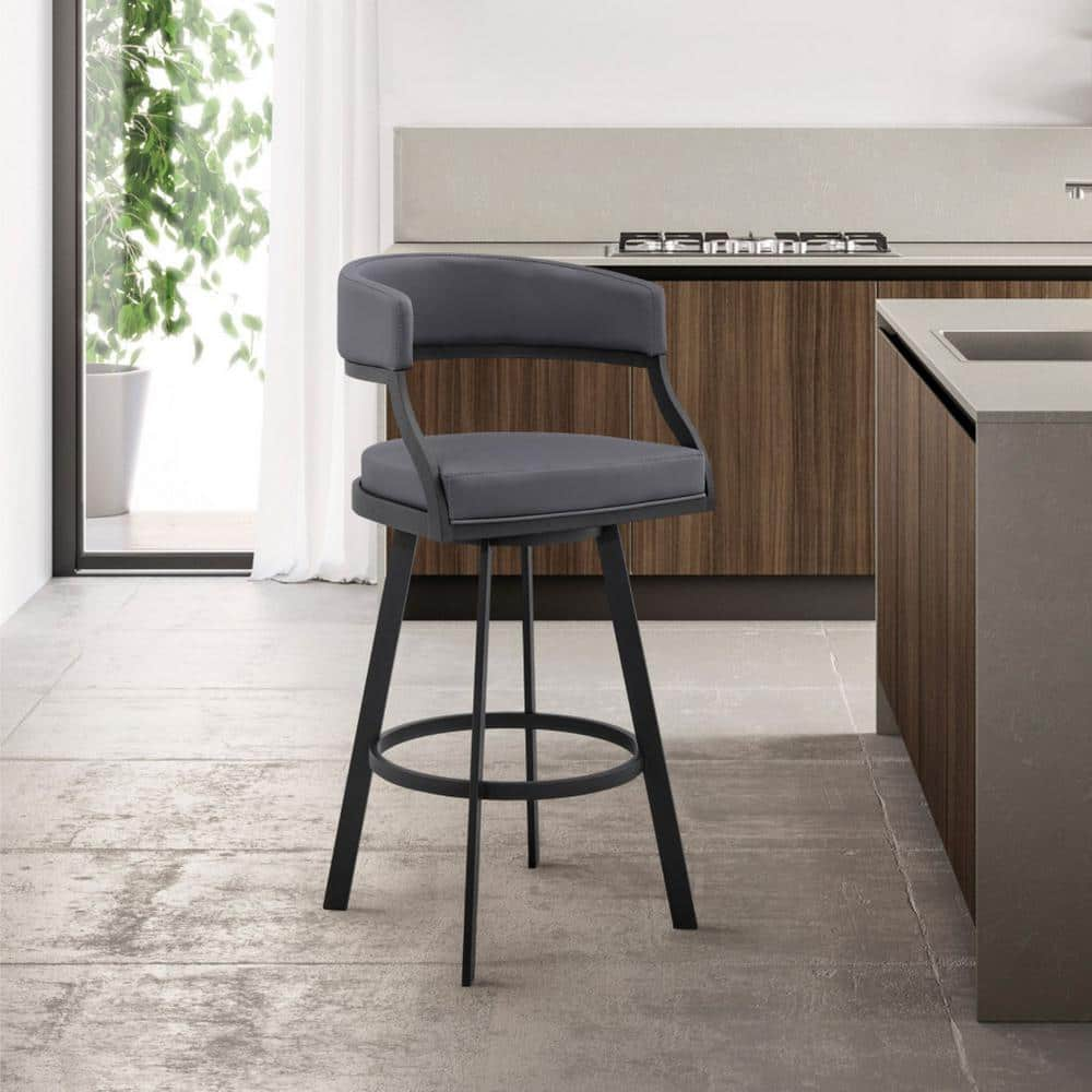 HomeRoots Julia 39 in. Grey Low Back Metal Bar Height (28-33 in.) Bar Stool with Faux Leather Seat 2000476758