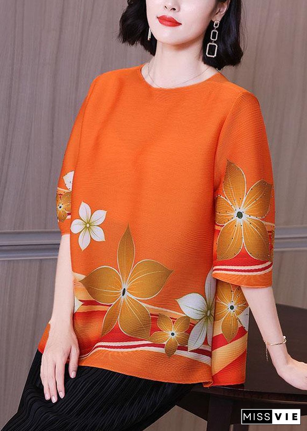 New Orange Floral Half Sleeve Blouse Plus Size