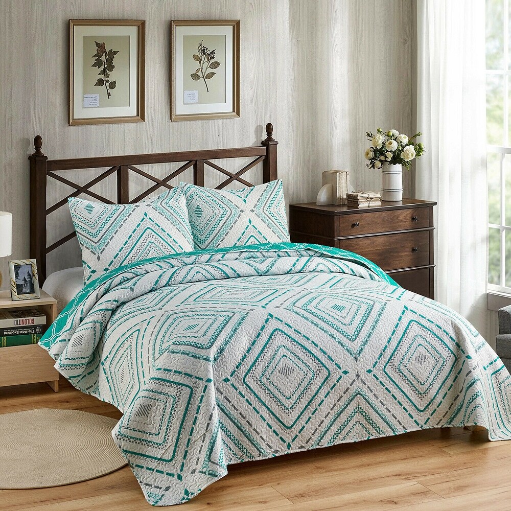 3 Piece Microfiber King Quilt Plaid Patchwork Bedding Set Turquoise