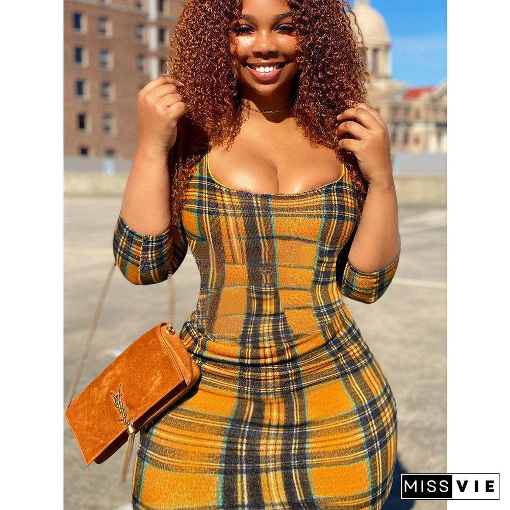 Sexy Plaid U-neck Long Sleeve High Waist Skinny Dress