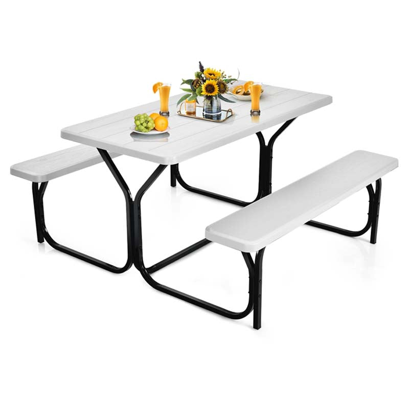 Outdoor Picnic Table Bench Set, All-Weather Dining Table Set, Metal Base Wood-Like Texture, Large Camping Table for Lawn Garden Backyard