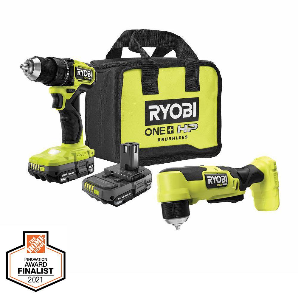 RYOBI ONE+ HP 18V Brushless Cordless Compact 12 in. DrillDriver 38 in. Right Angle Drill (2) Batteries Charger and Bag PSBDD01K-PSBRA02B