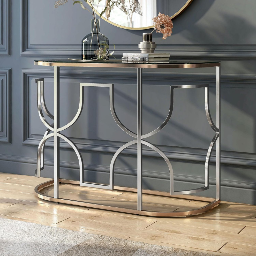 Contemporary Console Table  Golden Metal Frame With Geometric Silver Accents   Contemporary   Console Tables   by Decor Love  Houzz