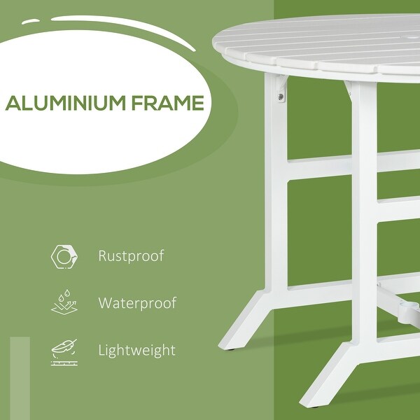 Outsunny Round Patio Table with Umbrella Hole，Outdoor Dining Table for 4 People，Aluminum Frame and Slatted HDPE Tabletop