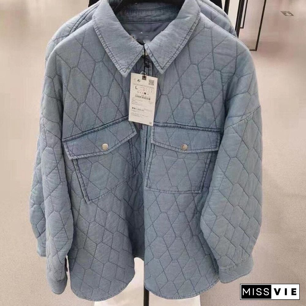 New Autumn Winter Women Denim Jacket Thin Parkas Straight Shirt Fashion Blue Female Pockets Upper Outer Coat