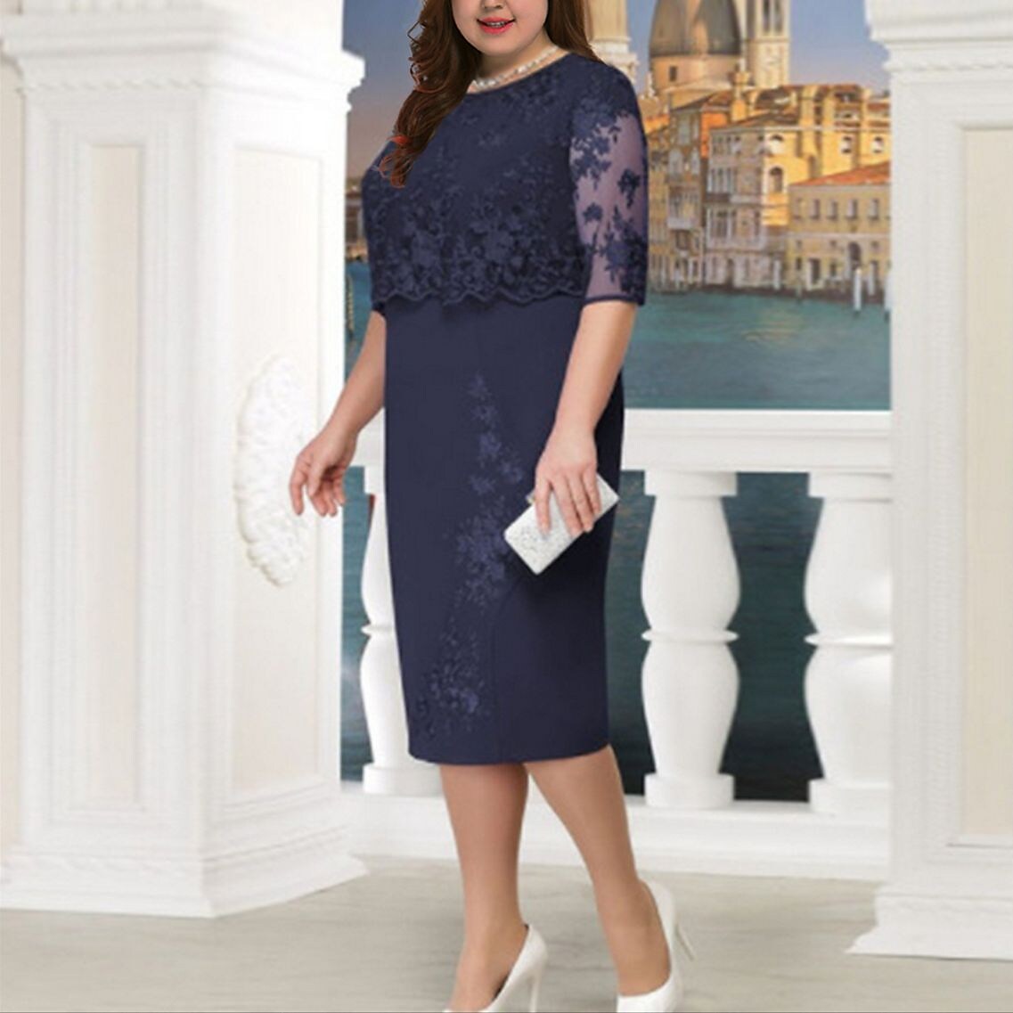 Women's Plus Size Party Dress Floral Crew Neck Lace Dress