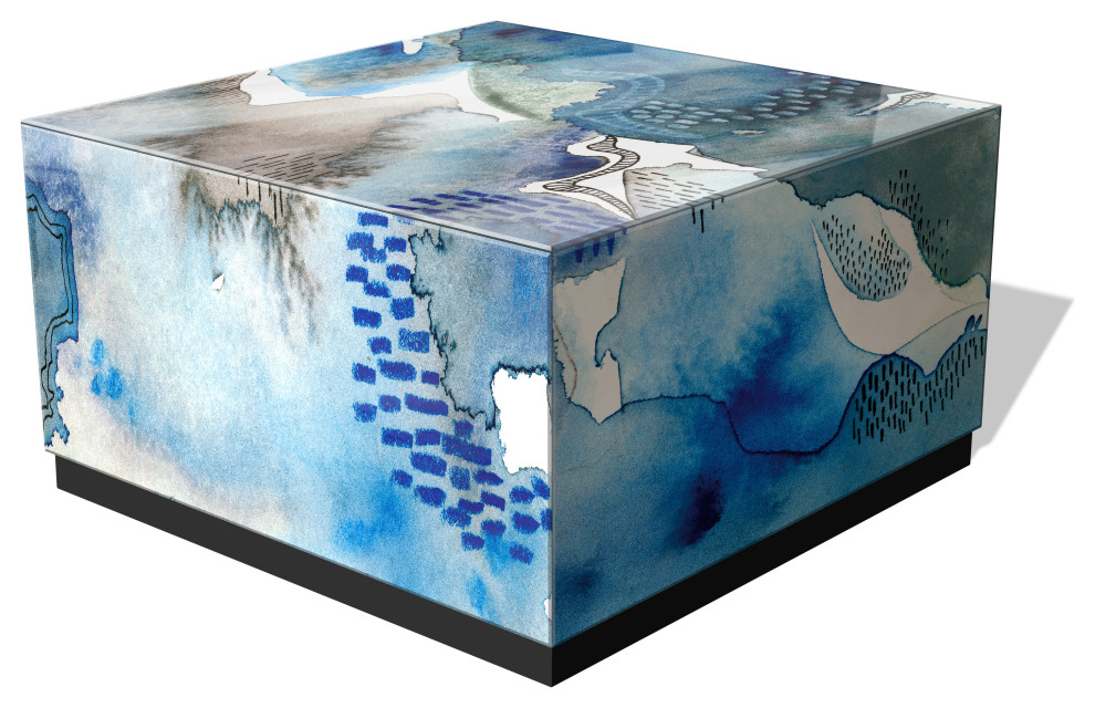 quotSubtle Blues II quotReverse Printed Art Glass Cocktail Table with Black Plinth Base   Contemporary   Coffee Tables   by Empire Art Direct  Houzz