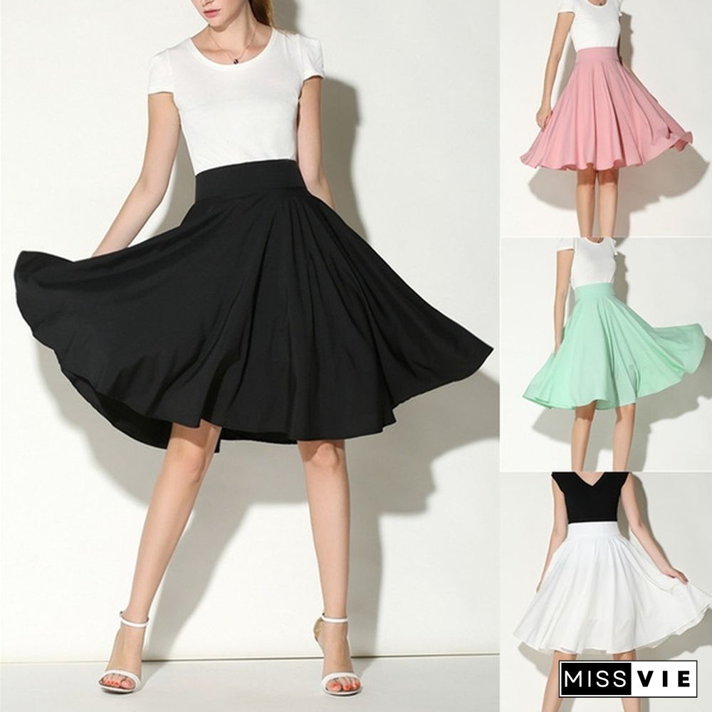 Women Summer Casual A-Line High Waist Skirt Vintage Elegant Pleated Skirt