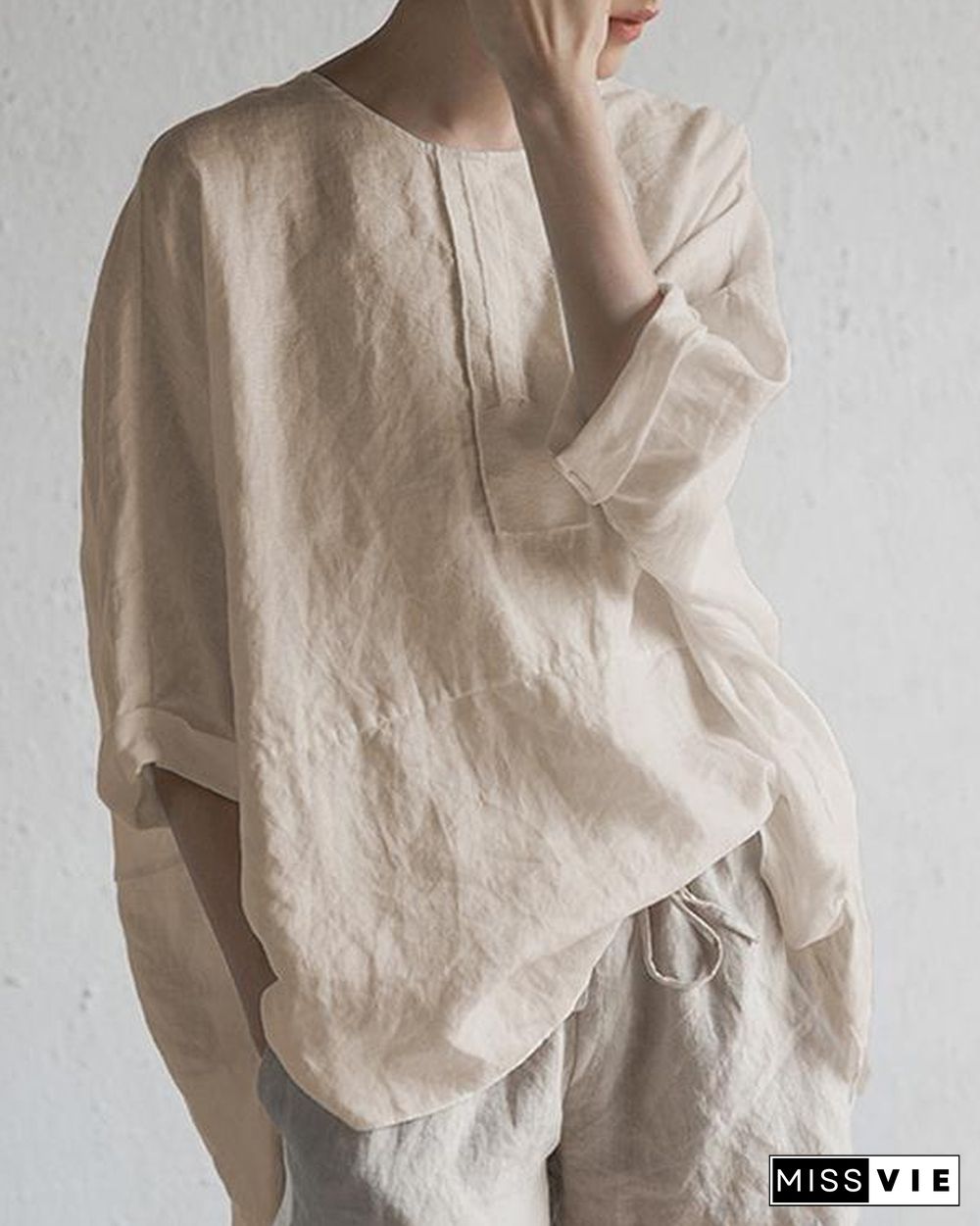 Women O-Neck Half Sleeve Solid Loose Plus Size Casual Linen Tops