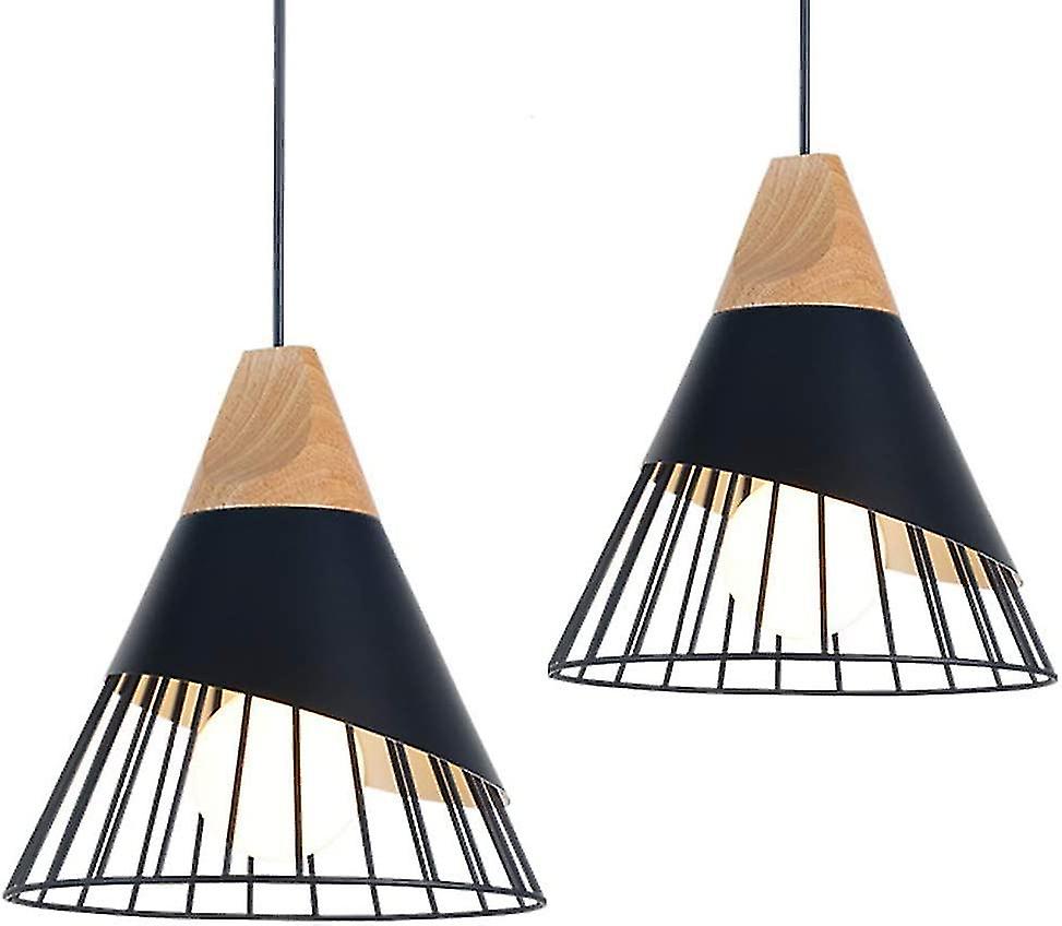 2x Suspension Luminaire Vintage，bois Mtal Design Lampe Plafonnier Industrielle En Luminaires Suspension Abat-jour 27 Applique D'eclairage Pour Salle