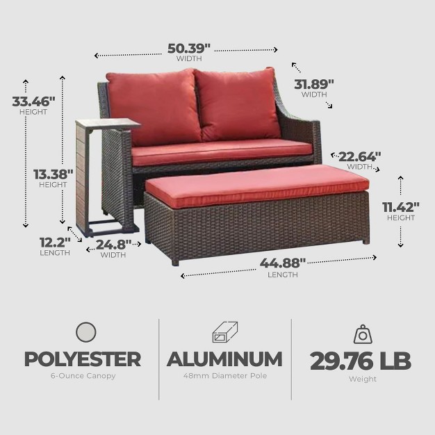 Four Seasons Courtyard x27 s Redington All weather Chic 3 piece Patio Seating Furniture Set With Loveseat Cushions Table And Ottoman Red