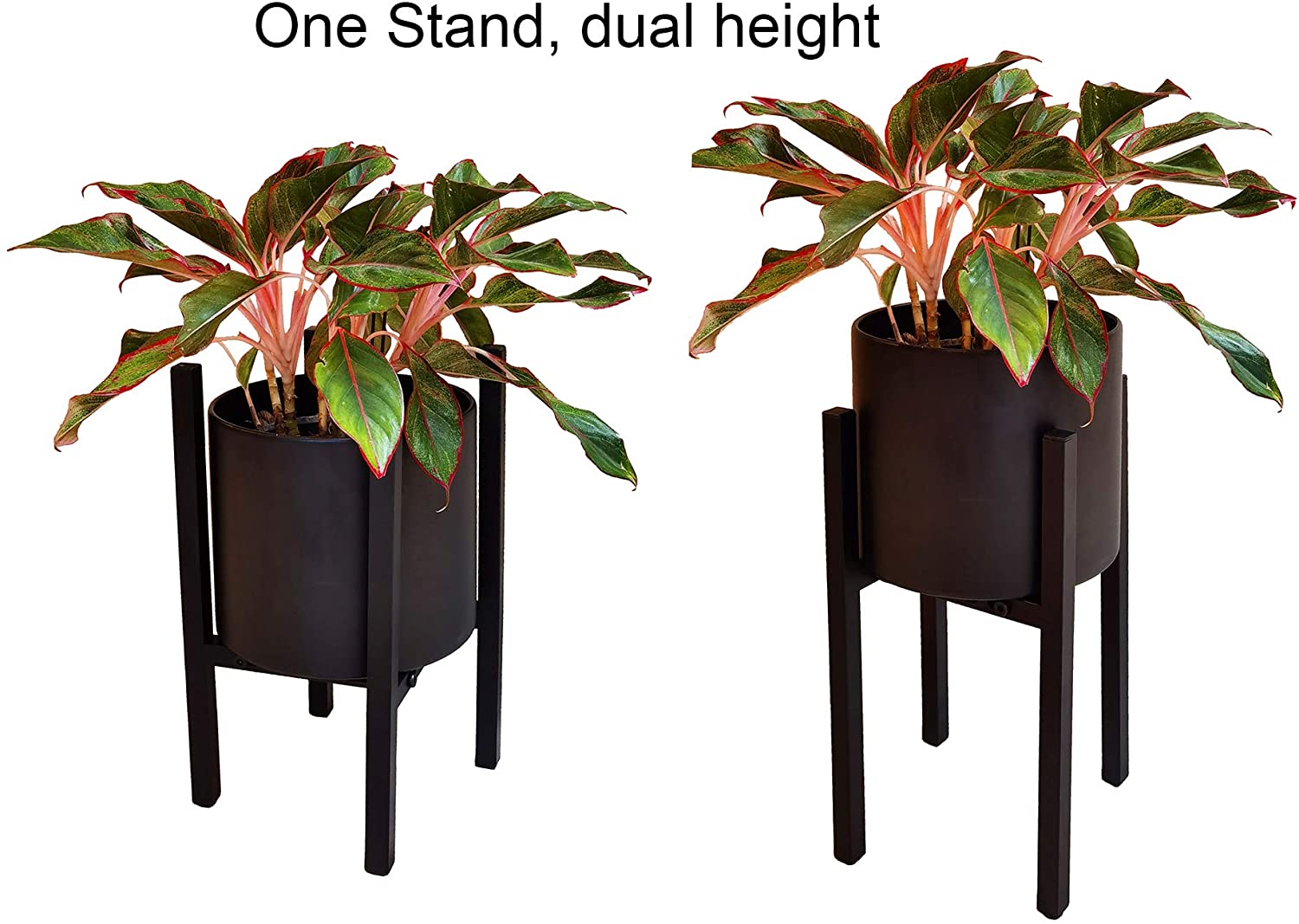 Adjustable Metal Plant Stand, Black, Quick-Adjust Planter Pot Interior Base, Dual Height Options, Powder-Coated-Steel Frame, Well-Balanced Stability