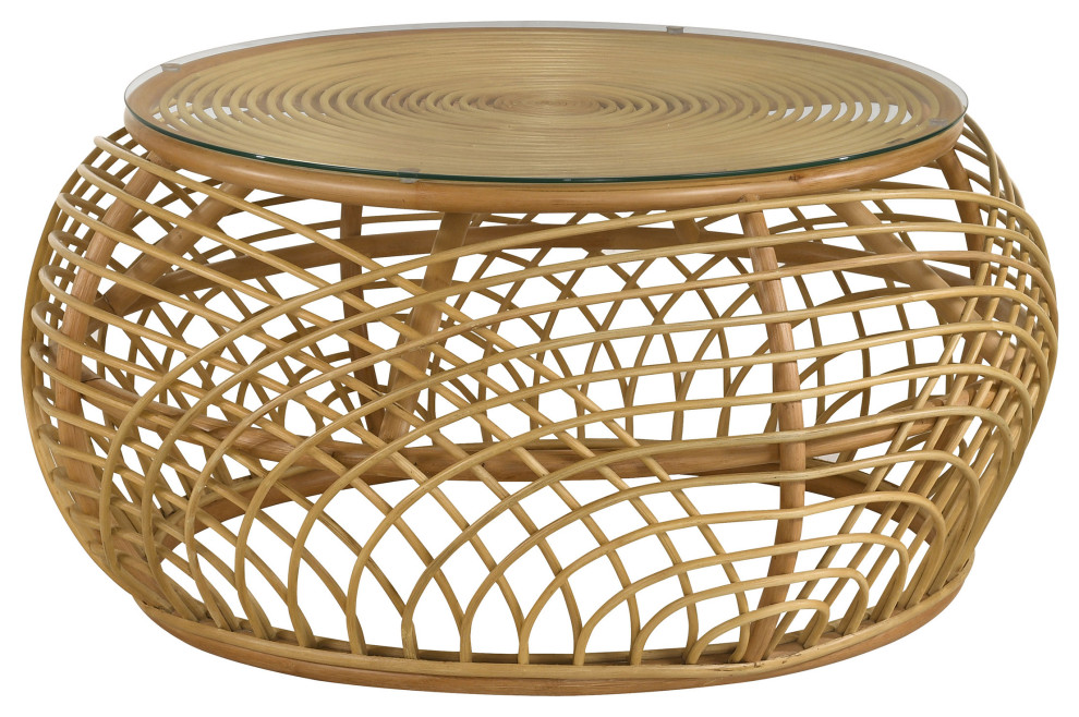 Dahlia Round Glass Top Woven Rattan Coffee Table Natural Brown   Modern   Coffee Tables   by Modon  Houzz