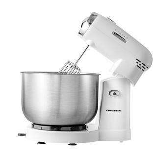 OVENTE Electric Stand Mixer 3.5 qt. 5 Speed Control 250-Watt with 2 Blender Attachment Egg Beater Whisk and Dough Hook White SM680W