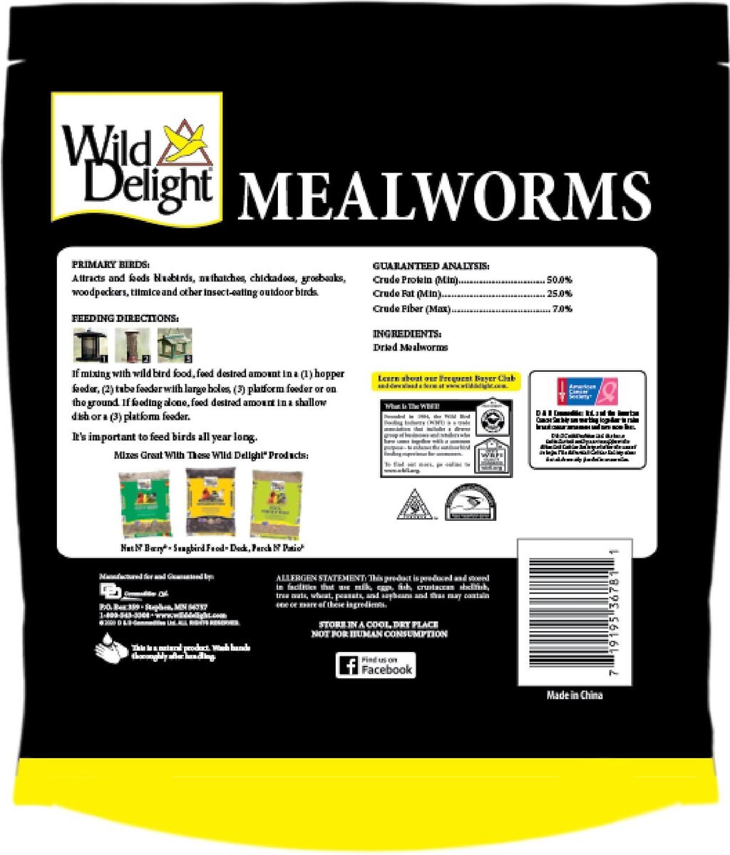 Wild Delight Mealworms Wild Bird Food， 16-oz bag