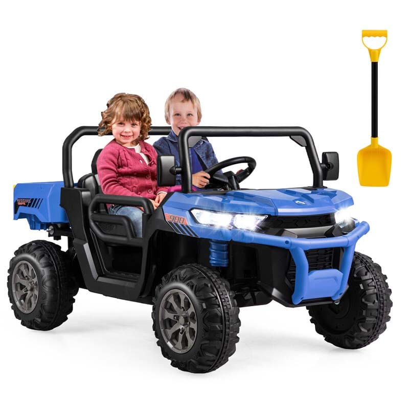 2-Seater Kids Ride On Car, 12V Battery Powered Off-Road UTV Dump Truck with Electric Dump Bed & Shovel