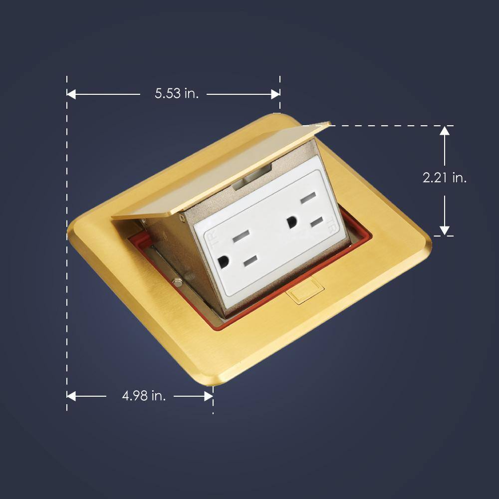 NEWHOUSE ELECTRIC Pop-Up Floor Outlet Electrical Box for Wood Sub-Flooring with 15A TR Duplex Receptacle Brass 7400BR